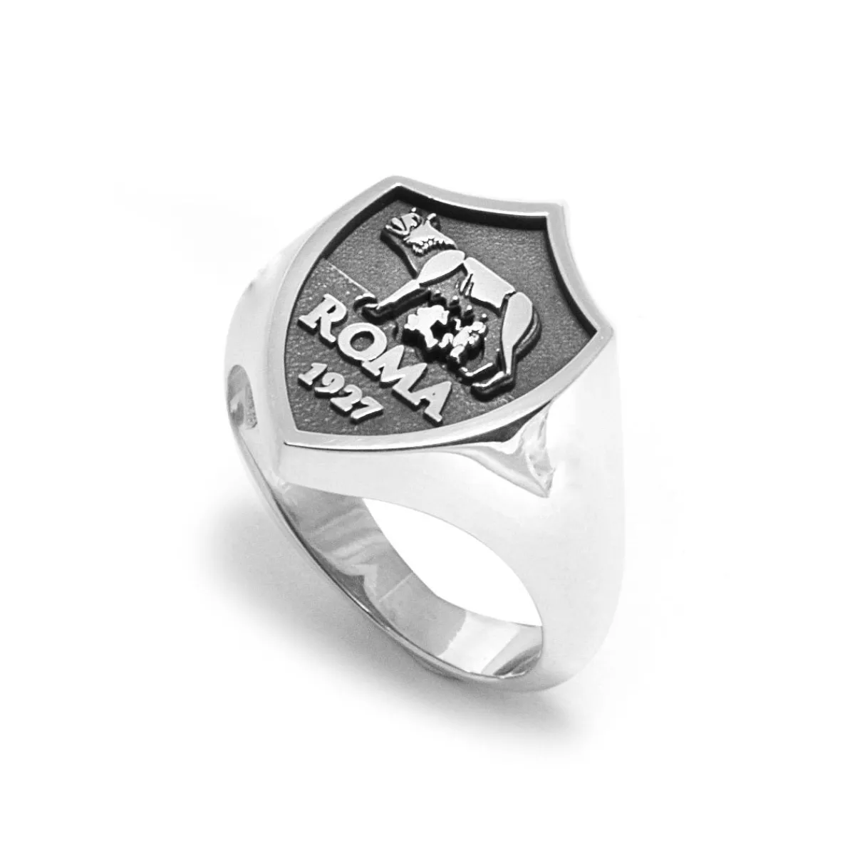 AS Roma Anello Chevalier Sigillo Scudo X Nove25, Unisex, Argento Brunito< Gioielli