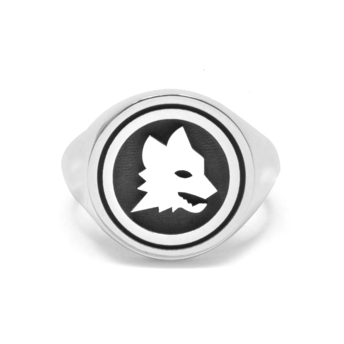 AS Roma Anello Chevalier Sigillo tondo Lupa X Nove25, Unisex, Argento Brunito< Gioielli