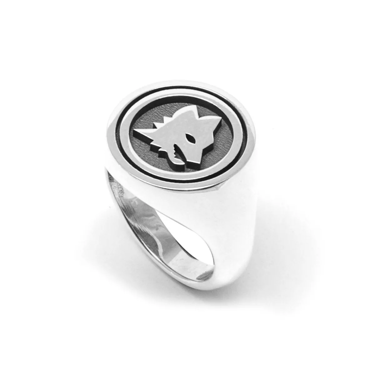 AS Roma Anello Chevalier Sigillo tondo Lupa X Nove25, Unisex, Argento Brunito< Gioielli