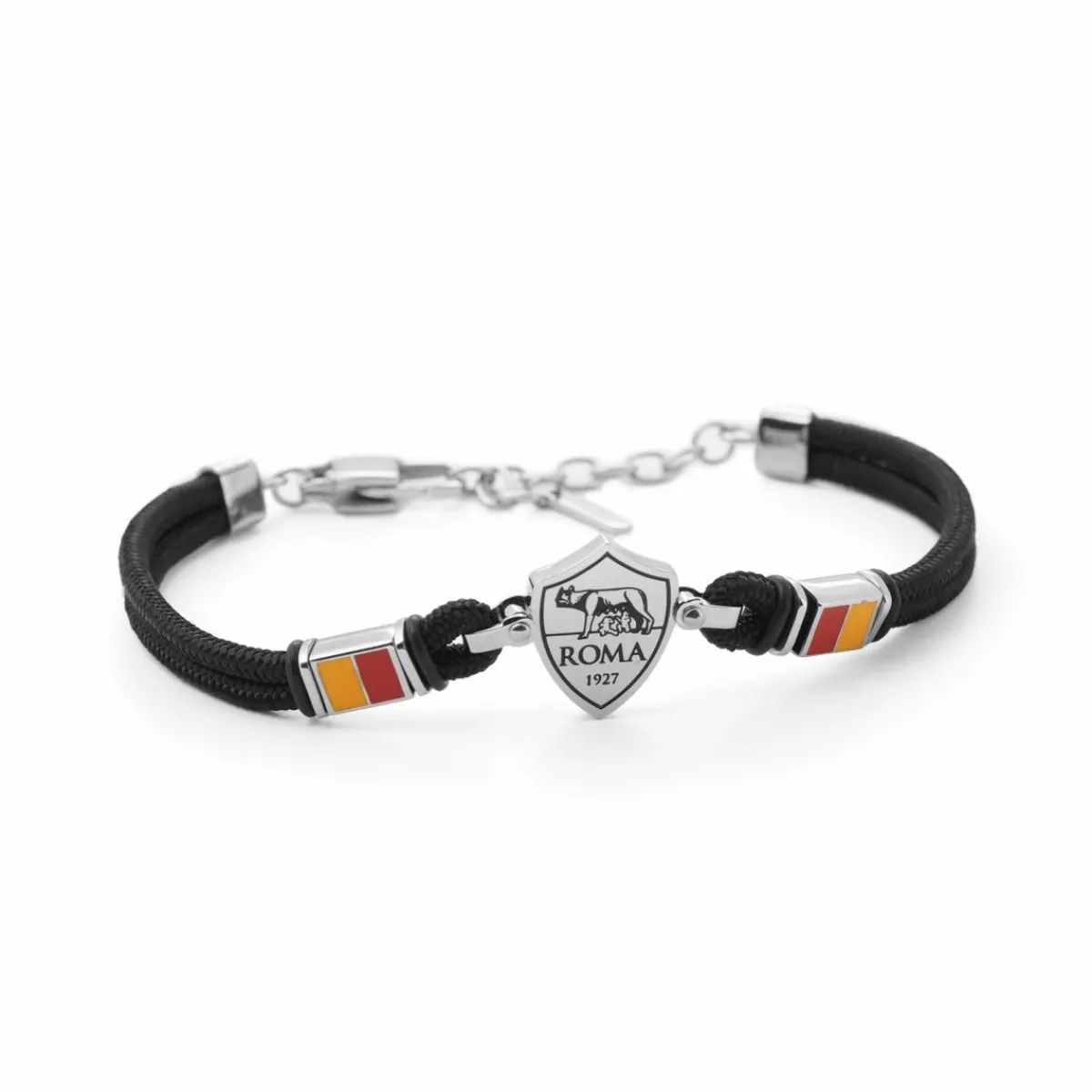 AS Roma Bracciale con placca centrale logo in acciaio anallergico e cordino in tessuto regolabile nero< Gioielli
