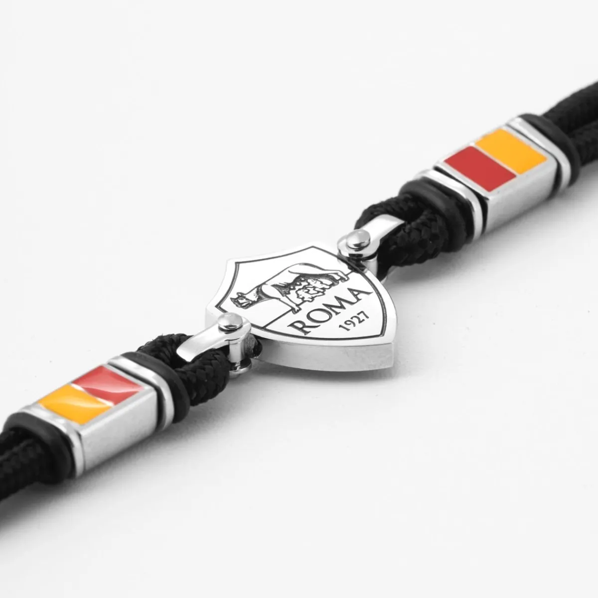 AS Roma Bracciale con placca centrale logo in acciaio anallergico e cordino in tessuto regolabile nero< Gioielli
