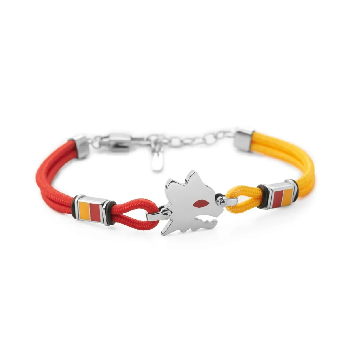 AS Roma Bracciale con placca centrale Lupetto in acciaio anallergico e cordino in tessuto regolabile rosso e giallo< Gioielli