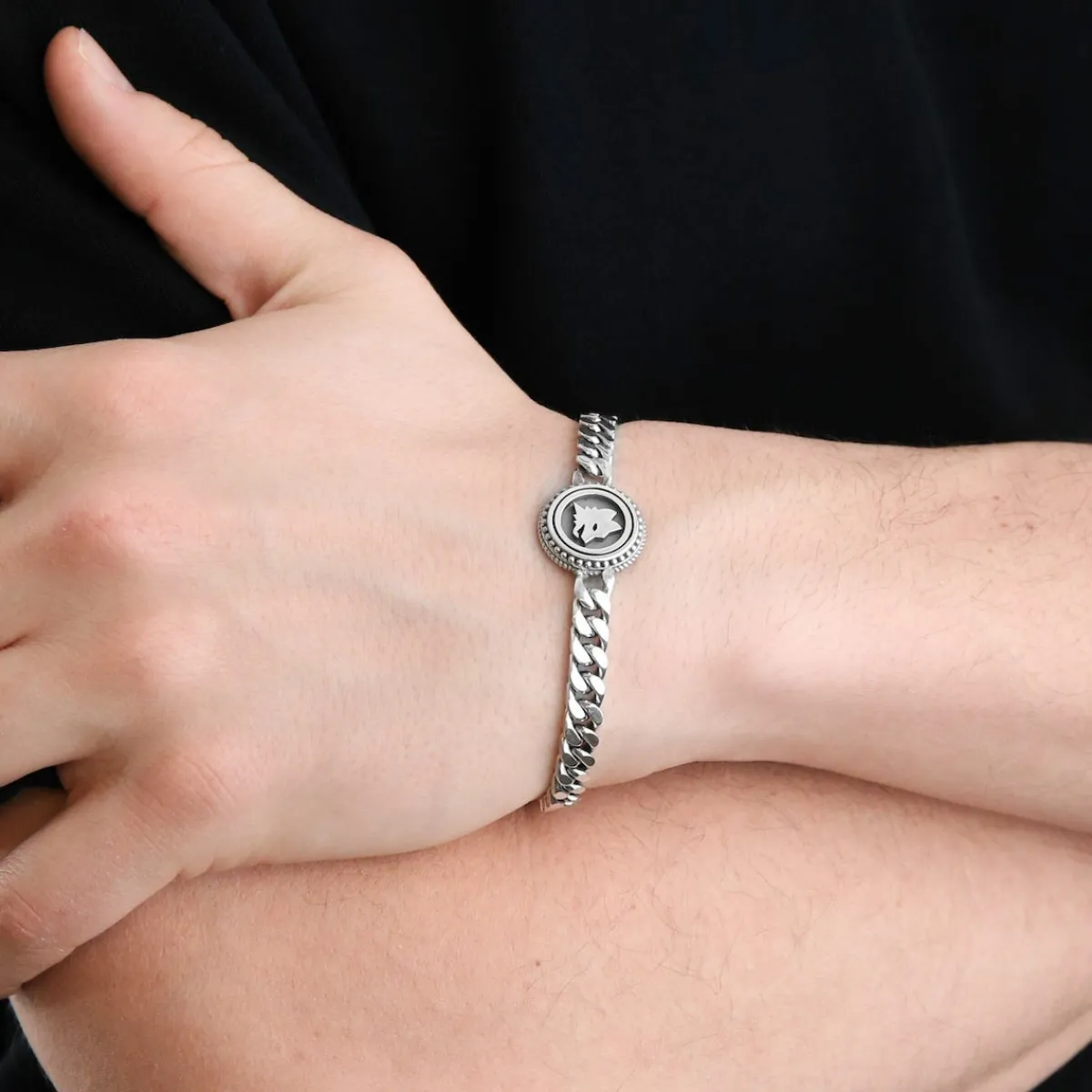 AS Roma Bracciale Grumetta Lupa X Nove25, Unisex, Argento Brunito< Gioielli